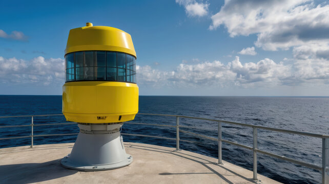 Coastal radar tower overlooking open water and sky on platform