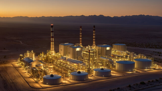 Modern desert energy facility at dusk with illuminated industrial plant
