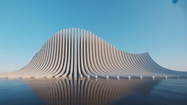 Futuristic white architectural sculpture with vertical curved fins rising from a reflective dark ground under a clear blue sky background