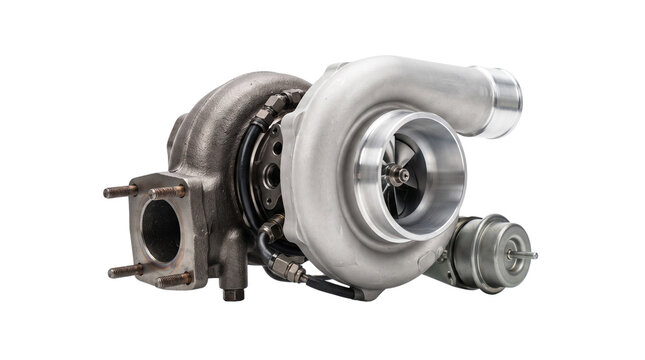 Turbocharger component for high performance car engines isolated against a solid white background.