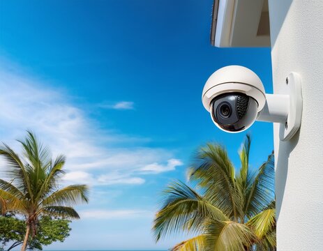 white bullet style security camera attached to white wall of modern luxury home with tropical palm trees and blue sky background for residential safety and monitoring