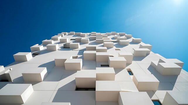 Low angle view of modern white residential building facade with protruding cubical balconies against a vibrant clear blue summer sky background
