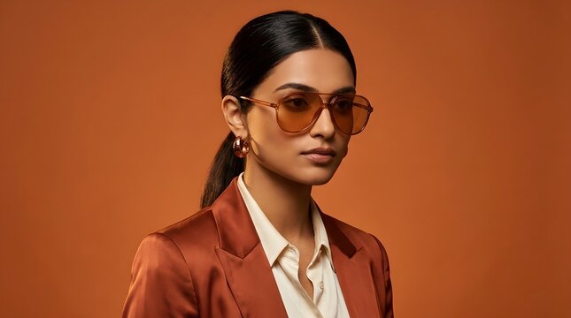Elegant woman wearing stylish tinted aviator sunglasses and a professional silk blazer against warm background