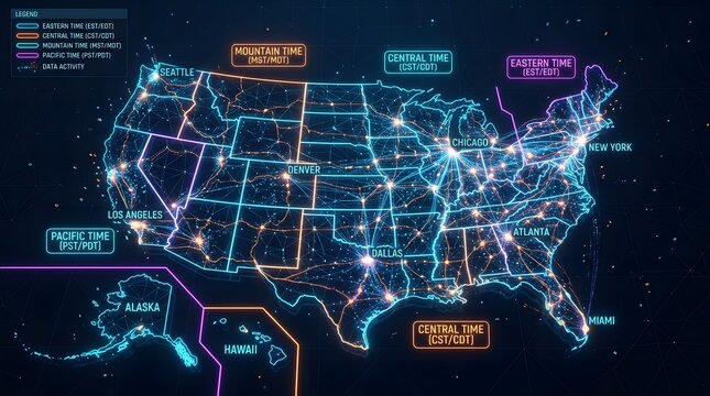 Professional geographic map of the United States showing state boundaries and time zones, useful for logistics, transportation, business scheduling, travel, education, and regional planning.