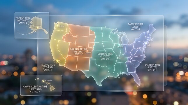 Colorful United States map showing major time zones through contrasting regional colors, designed for education, business planning, logistics, travel, scheduling, and geographic visualization.