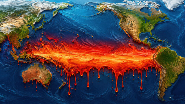 Sea surface temperature map of the Pacific Ocean showing a band of extreme warm water spreading along the equator towards South America