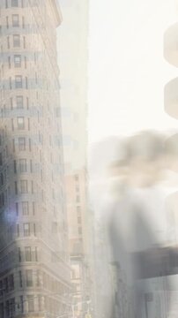 Animation of busy city street with pedestrians walking in fast pace
