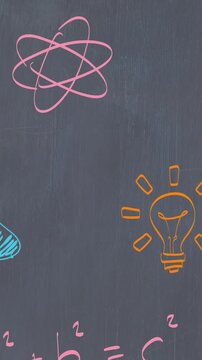 Animation of school items icons over crayons and blackboard