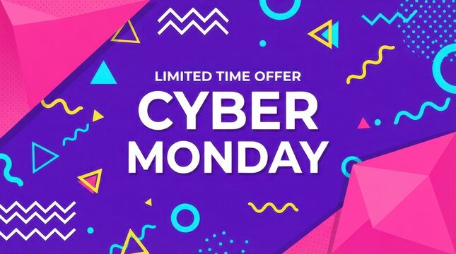 Cyber Monday Cyber Monday limited time offer banner with vibrant Memphis style geometric shapes and bold typography for retail marketing
