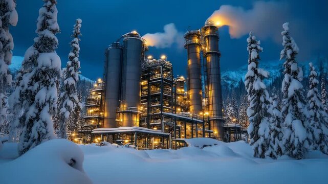 A wintry nightscape featuring a snow-covered industrial complex, emitting smoke, surrounded by snow-laden trees