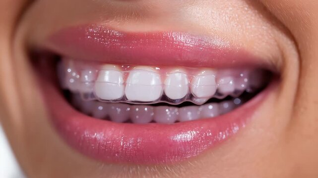 Tracking shot of smiling woman wearing clear dental aligners as teeth shift and lips part in close up dental clinic studio