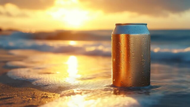 A refreshing, cold beverage can sits on the beach as the warm sunset reflects off its side