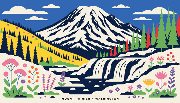 Very beautiful colorful realistic vector of Mount Rainier surrounded by colorful wildflowers, evergreen forests, alpine meadows, waterfalls and peaceful Pacific Northwest scenery, MOUNT RAINIER &bull; WASH