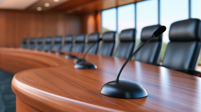 Long wooden table with black microphones