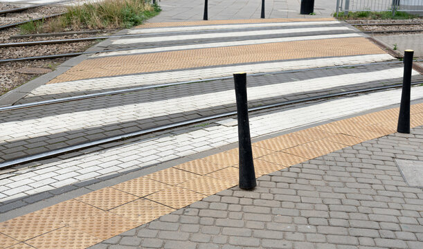 Tram rail track in street, public tramway railroad