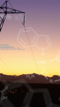 Chemical structures with program codes and a background of transmission towers