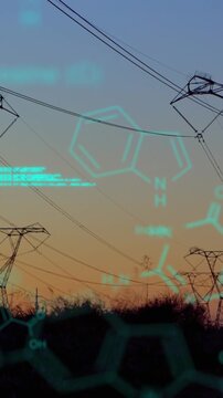 Chemical structures with program codes and a background of transmission towers
