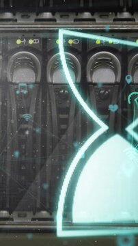 Animation of egg timer over network of connections and server room