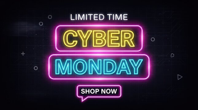 Cyber Monday Glowing neon Cyber Monday promotional banner with shop now call to action button over a dark circuit board background