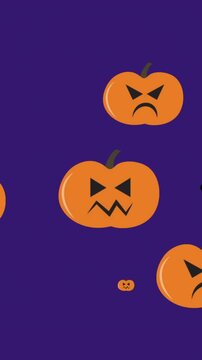 Animation of pumpkins moving over purple background with trees
