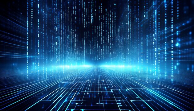matrix binary code background with data stream and neon glow for cybersecurity network technology futuristic digital wallpaper abstract encryption algorithms ai concept blue grid texture