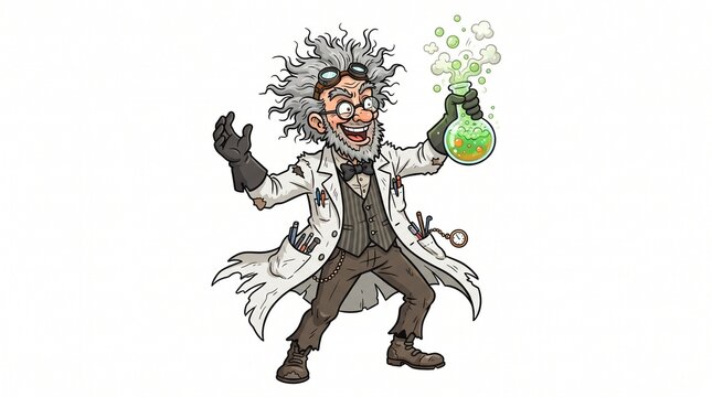 Mad Scientist Holding Bubbling Flask, Cartoon Halloween Character Isolated on White Background