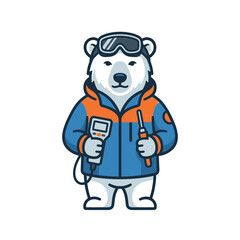 Fototapeta premium Cartoon polar bear wearing ski goggles and a winter jacket holds a device with a screen and a smaller tool, ready for outdoor adventure or technical work.