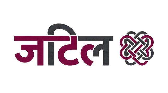 Complex hindi text typography with interlocking dark maroon knot pattern graphic design.
