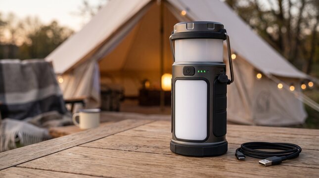 Rechargeable LED camping lantern on wooden table with tent background for outdoor travel.