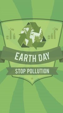 Animation of shield with recycling and earth day on green background