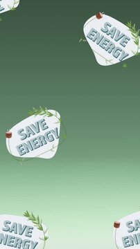 Animation of floating save energy writings on green background