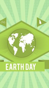 Animation of globe and earth day on green spiral background