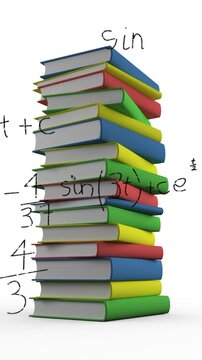 Pile of books and mathematical equations and graphs