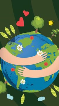 Animation of globe in hands on spiral green background