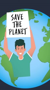 Animation of boy with save the planet banner over globe on dark blue background