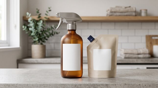 Amber glass spray bottle and refill pouch with blank labels on a kitchen counter