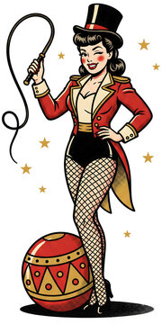 Classic vintage circus ringmaster pinup woman clutching whip graphic on transparent background delivers spectacular carnival showgirl entertainment branding for retro festival posters