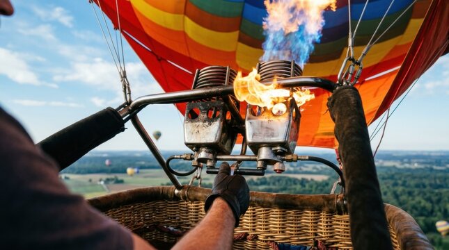 Pilot firing burner inside colorful hot air balloon during flight