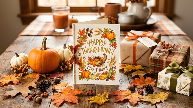 Autumn harvest celebration with pumpkin, wreath, and rustic fall decor on wooden table