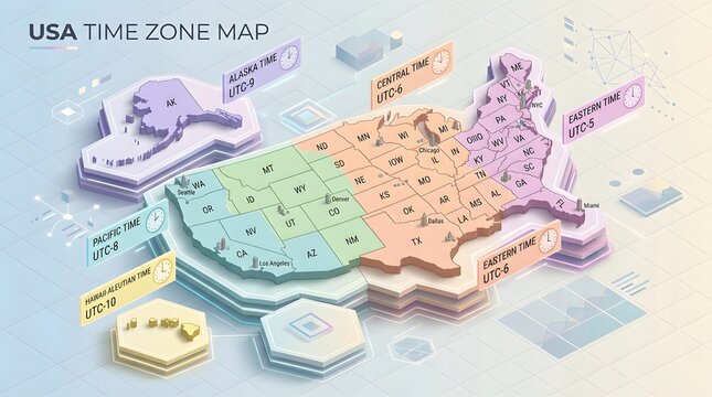 Isometric 3D map of the United States divided into time zones, creating a modern visual for geography, business planning, logistics, scheduling, travel, and data presentation.