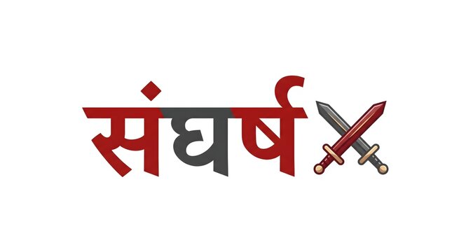 Red and gray sangharsh hindi text with crossed swords icon for conflict and struggle.