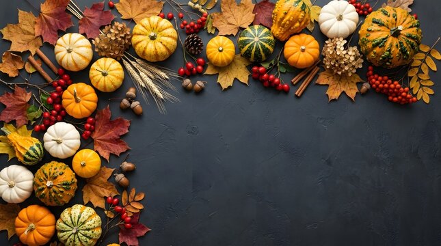 Autumn harvest wreath with pumpkins, gourds, pinecones, and fall foliage on dark slate background