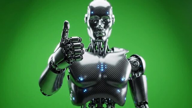 Low-angle robot gestures thumbs up against green backdrop