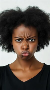 A young woman displaying a frowning facial expression and pouting her lips in frustration or anger.