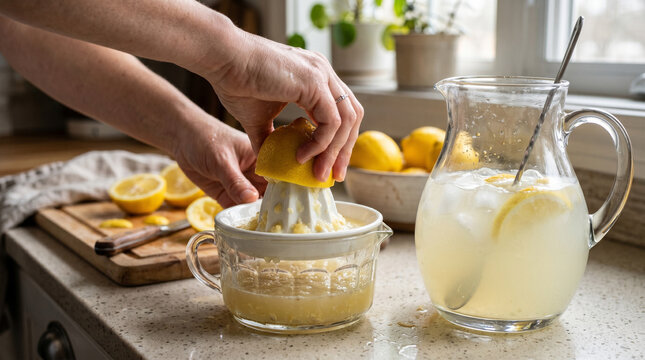 Hands squeezing lemon juice in a kitchen for refreshing lemonade  