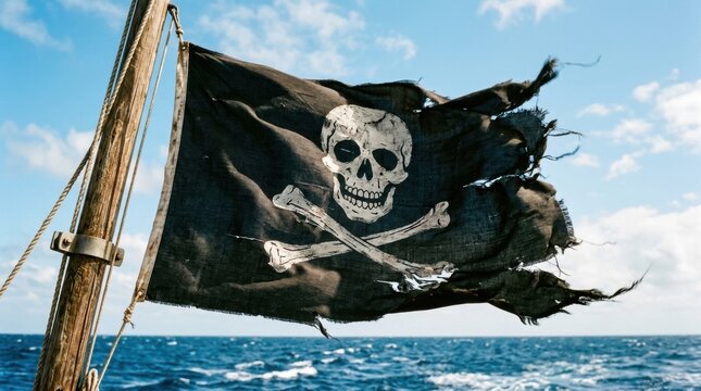 Tattered black pirate flag with white skull and crossbones on a ship