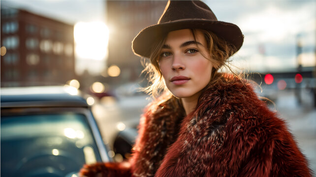Stylish woman with hat and fur, urban sunset, confident gaze