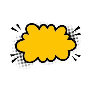 Yellow cloud shaped comic speech bubble with black halftone shadow on checkered background.