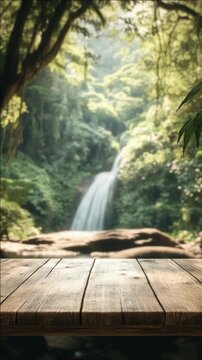 A tranquil natural setting featuring a wooden bench overlooking a forest waterfall, surrounded by lush greenery and sunlight streaming through the leaves overhead.