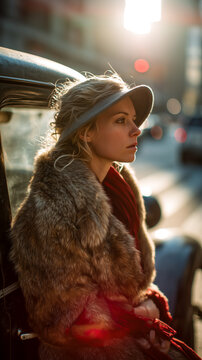 Vintage woman with fur coat and hat, bathed in golden hour light